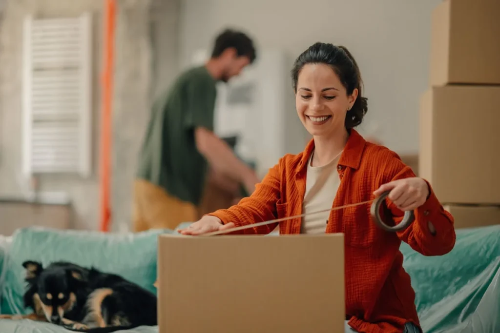 Smiling woman taping a moving box while a man packs boxes behind her as they prepare to relocate to their new home in Melbourne