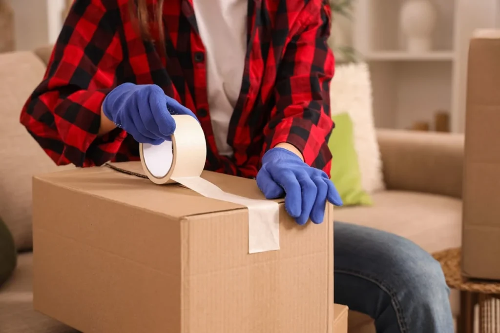 Person carefully packing a cardboard moving box with household items for a home relocation in Melbourne