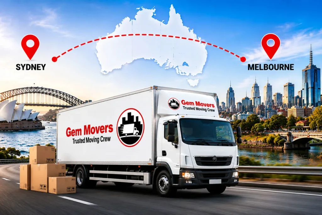 Interstate removalist truck travelling from Sydney to Melbourne on the Hume Highway