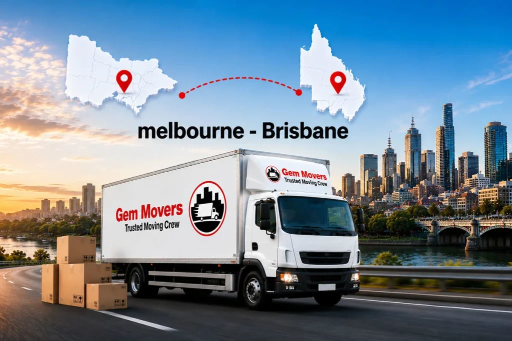 Gem Movers interstate removalist truck parked on the highway with cardboard moving boxes stacked alongside on the road during a Melbourne to Brisbane relocation