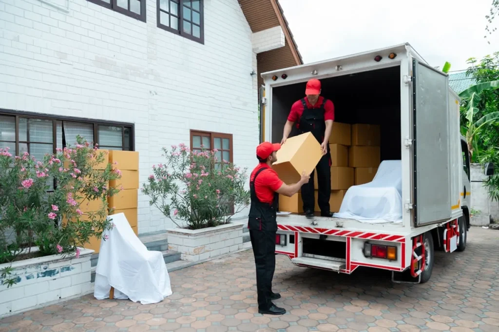A removalist inside a moving truck handing a cardboard box down to another removalist standing on the ground during a home relocation in Melbourne