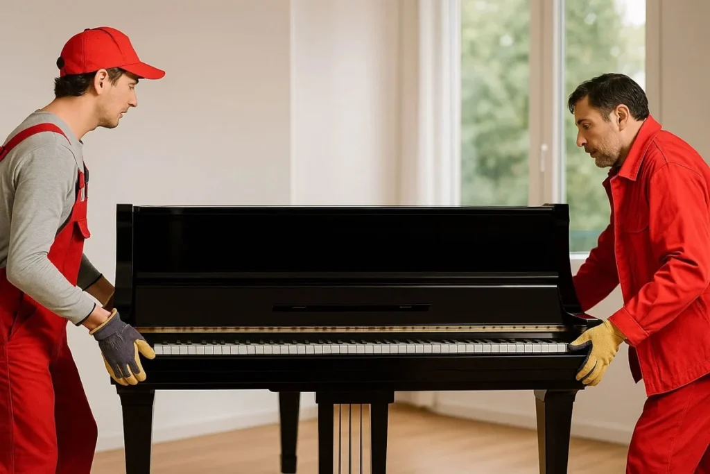 Two professional piano movers in red work shirts carefully handling and moving an upright piano in Melbourne