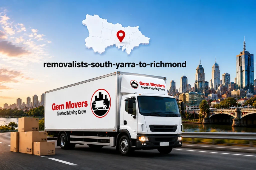 Gem Movers truck parked on a Melbourne street after a successful house move with unloaded boxes on the roadside