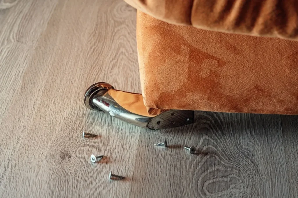 A damaged sofa with loose and open nuts, showing structural damage that can occur during furniture removal